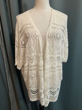 Relativity 1X Ivory Lace Crochet Cardigan Open Front Boho Sheer Kimono Plus Size